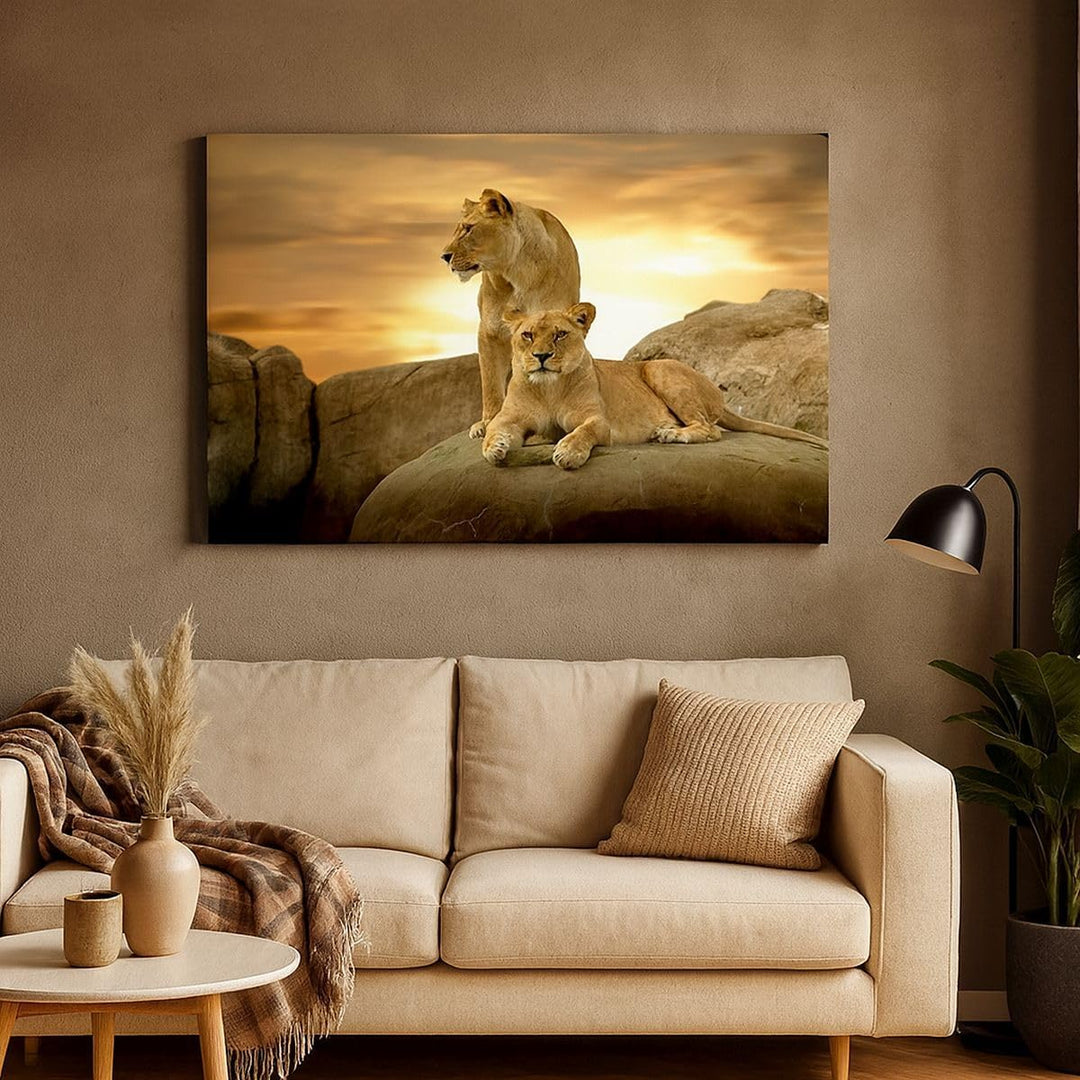Bilder auf Leinwand 100x70cm Leinwandbild Löwen Sonnenuntergang Felsen Krallen Gross Wanddeko Bild S