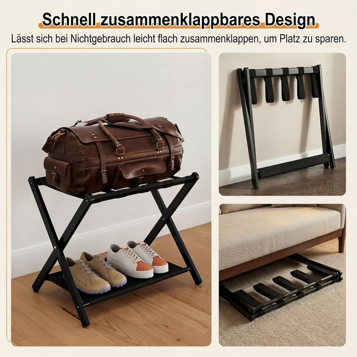 GYMAX Bambus Kofferständer 2er-Set, klappbare Gepäckablage mit Ablage &amp; 5 Nylonschnallen, Gepäckträg