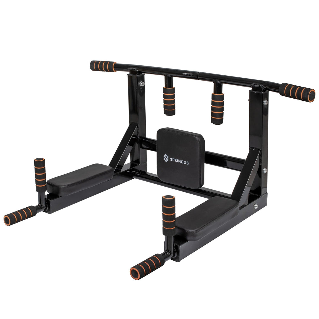 SPRINGOS Wandmontierte Klimmzugstange 3 in 1 + Dip-Stangen + Rückenlehne aus Stahl Dip Bar Pull up S