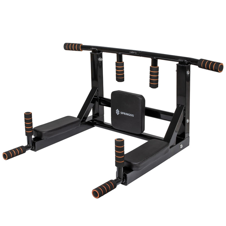 SPRINGOS Wandmontierte Klimmzugstange 3 in 1 + Dip-Stangen + Rückenlehne aus Stahl Dip Bar Pull up S
