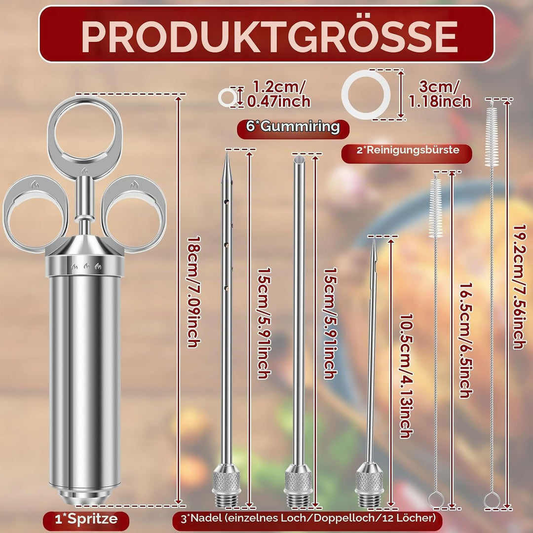 Edelstahl Fleischspritze, Marinadenspritze Kit mit 3 Marinierspritze Nadeln und 2 Reinigungsbürste,