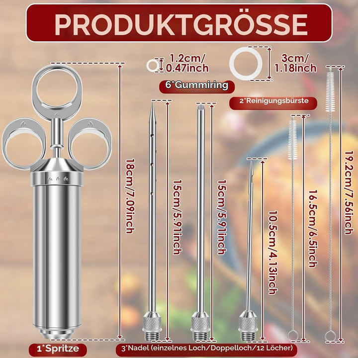 Edelstahl Fleischspritze, Marinadenspritze Kit mit 3 Marinierspritze Nadeln und 2 Reinigungsbürste,