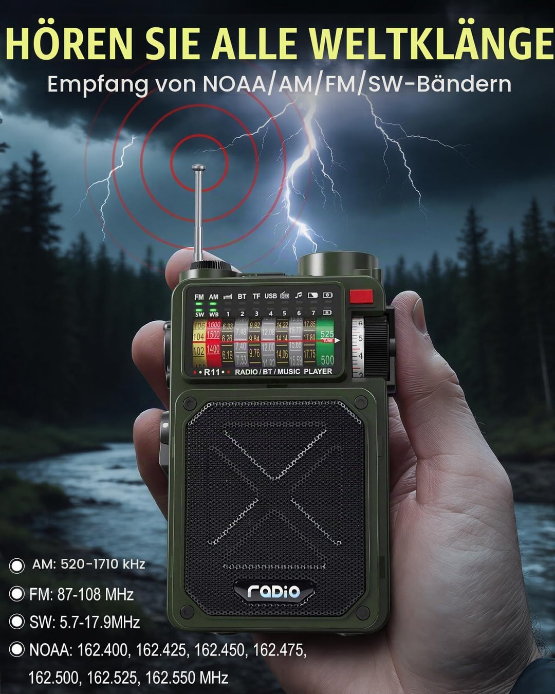 NOAA Wetterradio – 4000 mAh AM/FM/WB/SW Notfall-Radio mit Bluetooth, Taschenlampe, SOS-Alarm, Stromv
