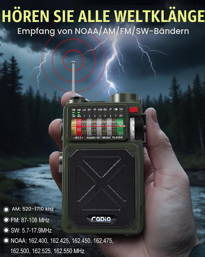 NOAA Wetterradio – 4000 mAh AM/FM/WB/SW Notfall-Radio mit Bluetooth, Taschenlampe, SOS-Alarm, Stromv