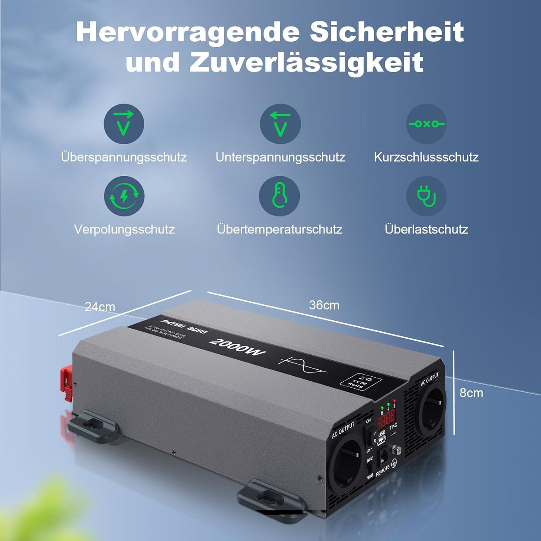 DATOUBOSS Wechselrichter 2000W 12V auf 230V, Reiner Sinus Spannungswandler, Power Inverter mit 2 AC-