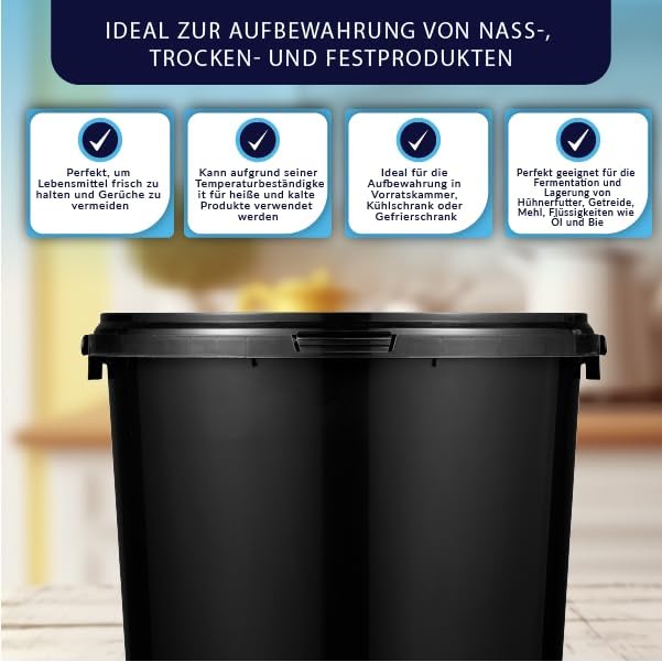 BenBow Eimer mit Deckel 5l Schwarz 50x 5 Liter - lebensmittelecht, stabil, luftdicht, auslaufsicher,