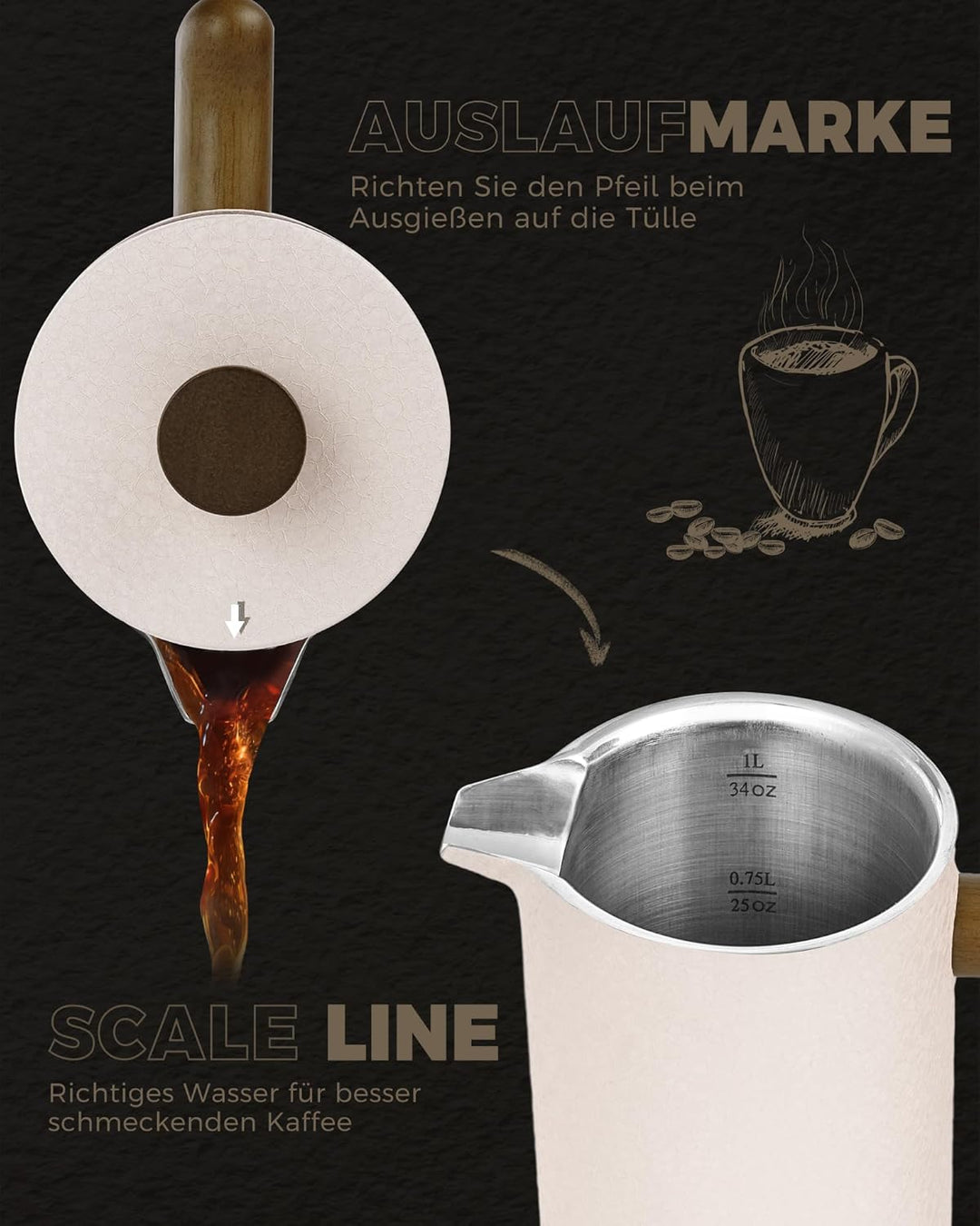 Poliviar French Press Kaffeebereiter 1 Liter/8 Tassen, Doppelwandige Isolierte Kaffeekanne, Handfilt