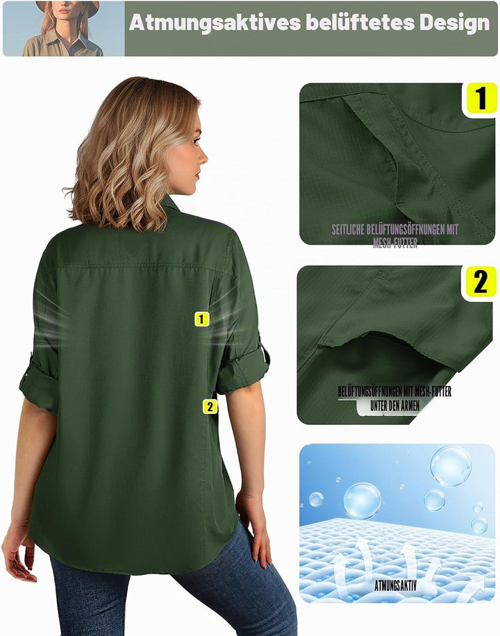 33,000ft Hemdbluse Damen UPF50 UV Schutz Hemd Schnelltrocknende Button-Down Shirts Atmungsaktive Wan