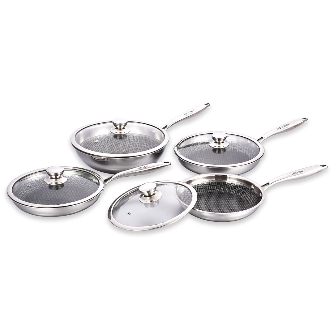 Kochgeschirr-Set aus 3 Pfannen und Wok, antihaftbeschichtet, aus Edelstahl, dreilagig, mit Glasdecke