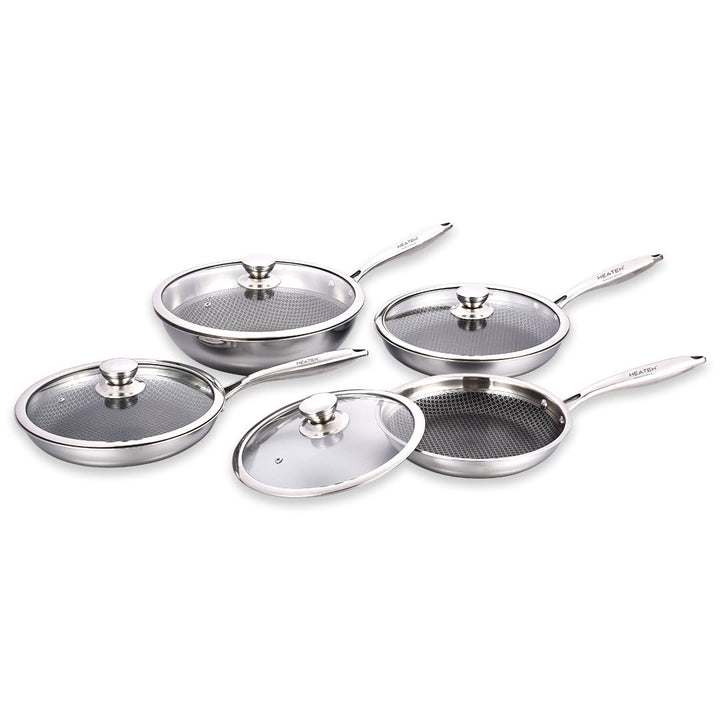 Kochgeschirr-Set aus 3 Pfannen und Wok, antihaftbeschichtet, aus Edelstahl, dreilagig, mit Glasdecke