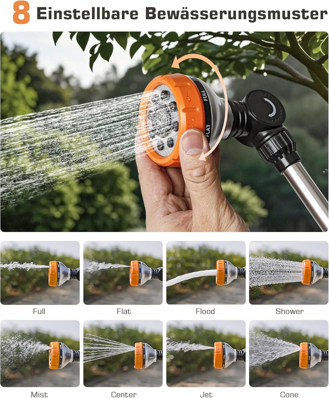Unistyle Giessstab, Robuste Gartenbrause, 8 Strahlarten Giesstab mit Daumensteuerung, Handbrause zur