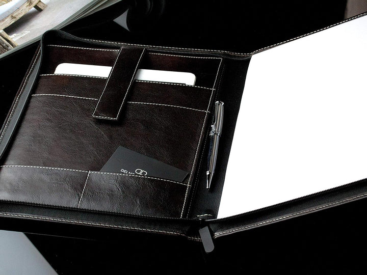 DELMON VARONE - Personalisierbare Tablet Schreibmappe DIN A4 aus Premium Vintage Anilin Leder braun,