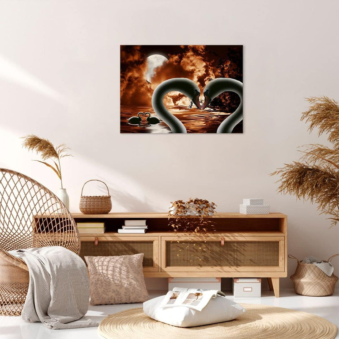 Bilder auf Leinwand Schwäne Nacht Liebe Leinwandbild mit Rahmen 70x50cm Wandbilder Dekoration Wohnzi