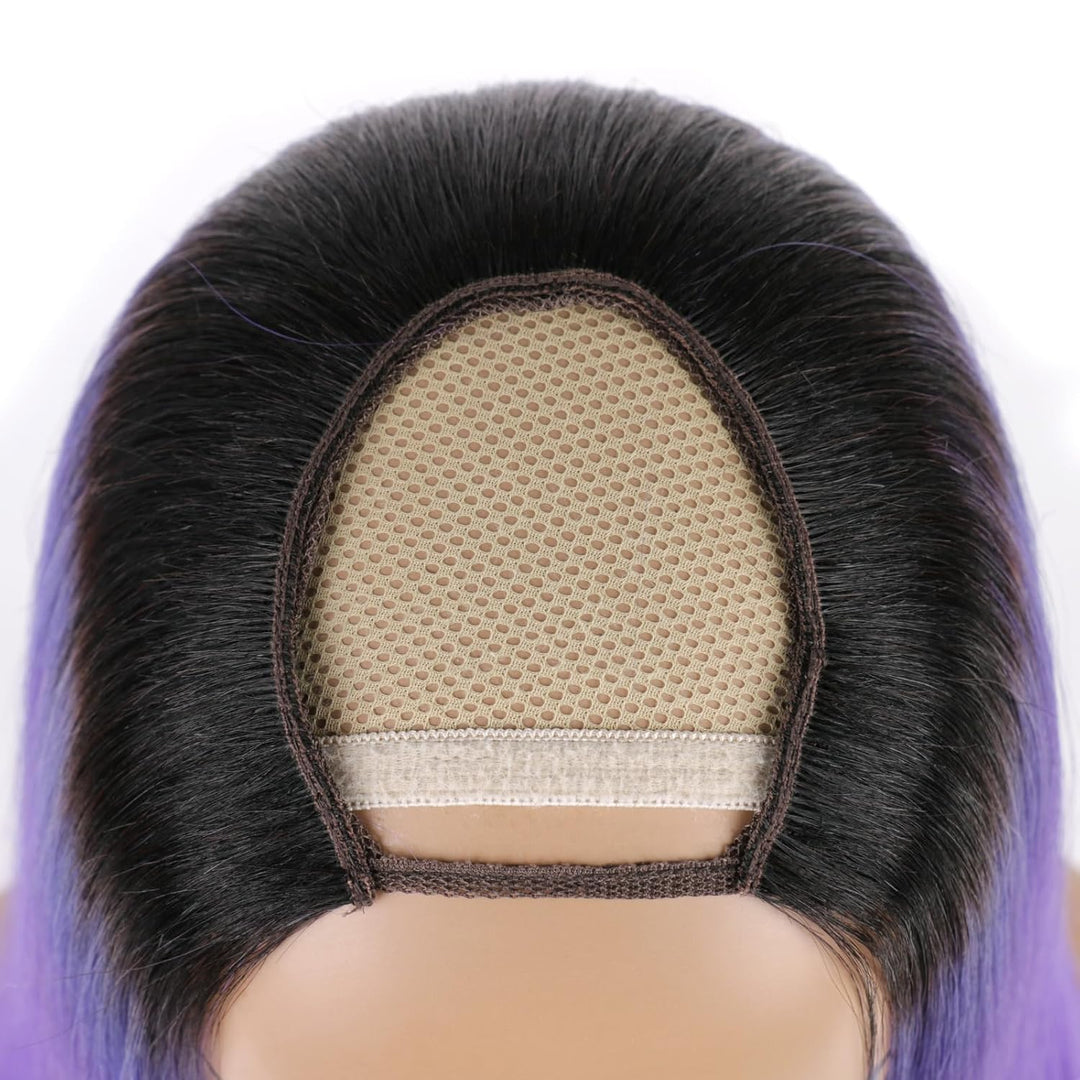 Huarisi 1b/Purple Bob Perücke Echthaar Kurz U Teil 14 Zoll, Grade 8a Straight Human Hair Purple Wig
