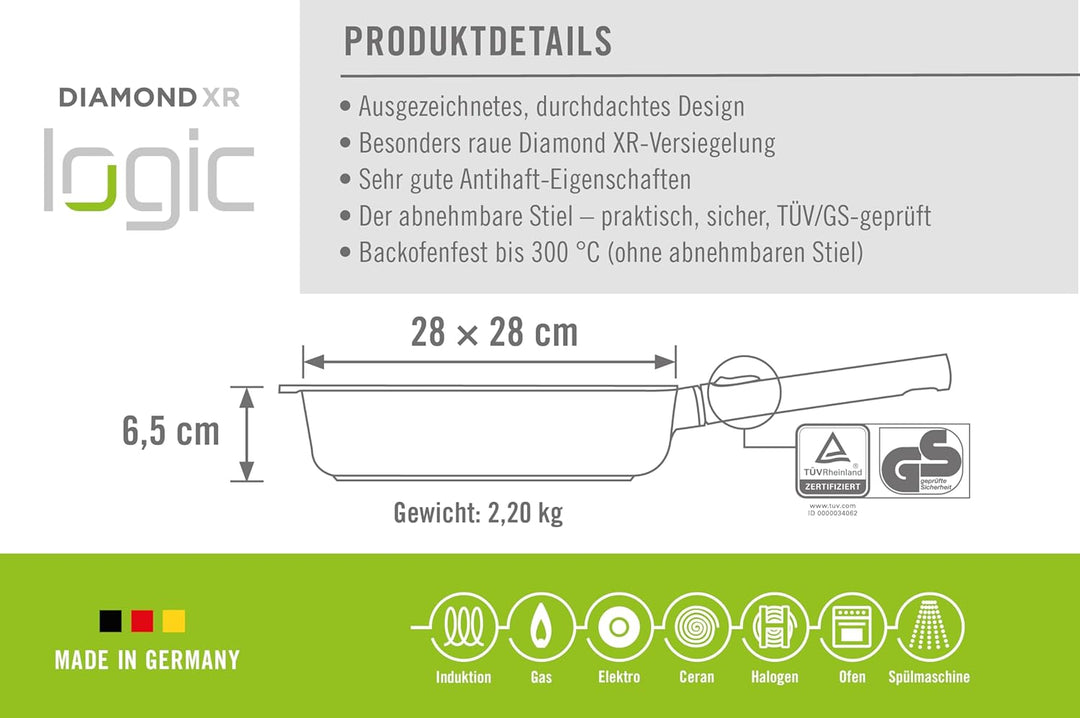 Woll Diamond Logic XR Gusspfanne, viereckig - Induktiv -, 28 cm x 28 cm, 6.5 cm hoch, mit abnehmbare