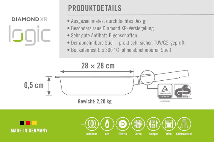 Woll Diamond Logic XR Gusspfanne, viereckig - Induktiv -, 28 cm x 28 cm, 6.5 cm hoch, mit abnehmbare