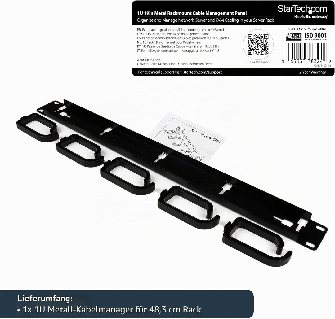 StarTech.com 1HE 19" Metall Kabelführung zur Rack-Montage 1U D-Ringhaken, 1U D-Ringhaken