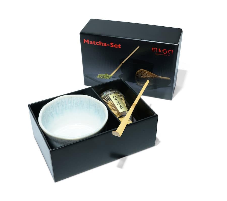 Teeladen Herzberg MAOCI Matcha Tee-Set dreiteilig (hellblau-weiss) mit Matchaschale, Matchabesen und