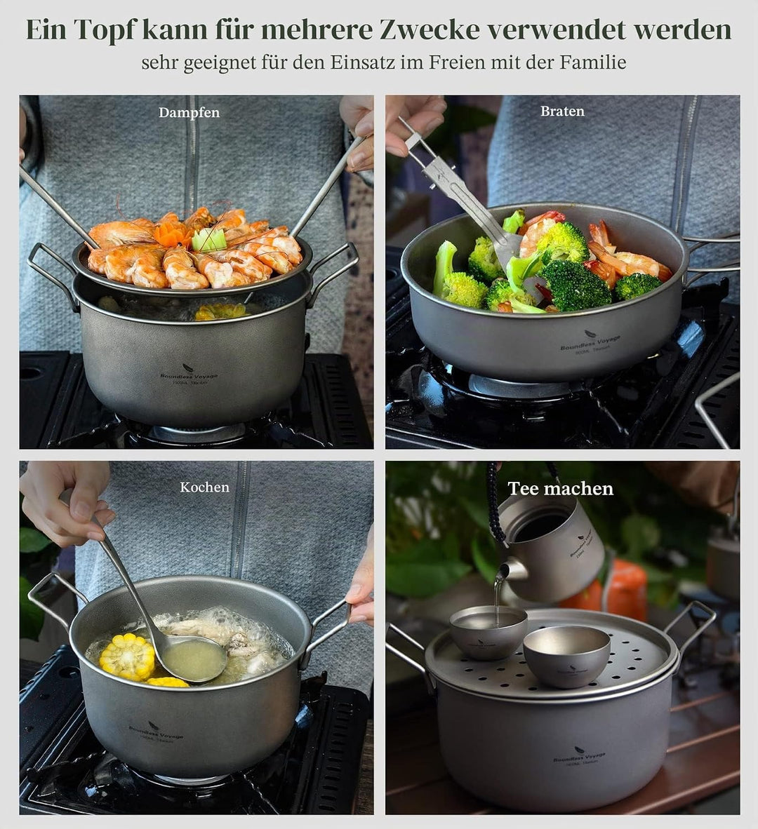 iBasingo 1.9L Titan Topf & 900ml Pfannen mit Deckel Camping Kochgeschirr Dampfgarer Leichtes Tragbar