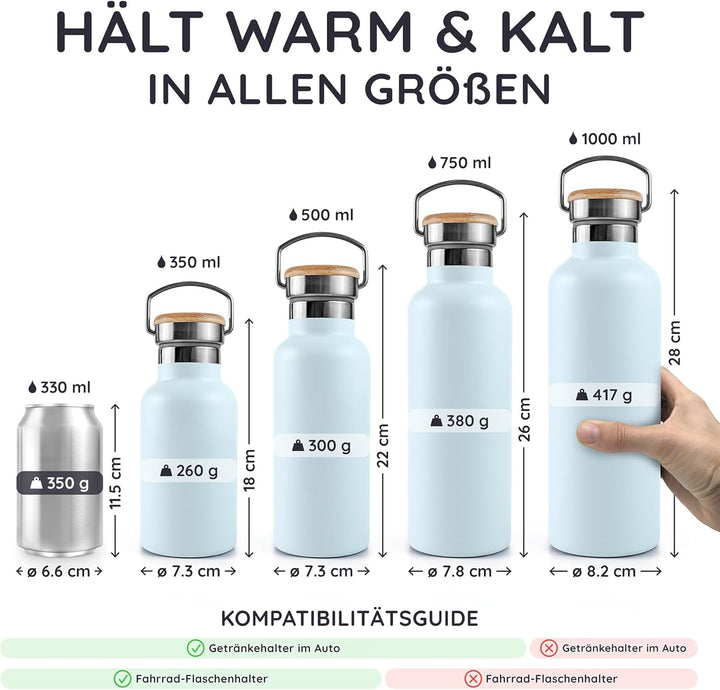 Bambaw Thermosflasche 500ml, Blaue Trinkflasche, Trinkflasche Edelstahl 500ml, Thermosflasche Kaltge