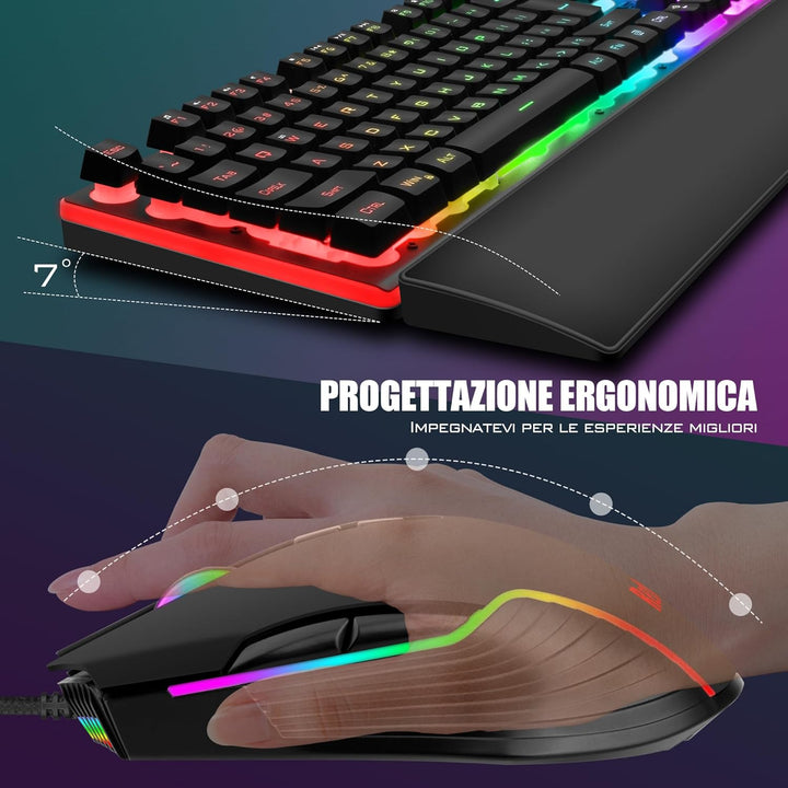 RedThunder K10 Gaming-Tastatur- und Maus-Set, Layout IT Metallplatte und Handballenauflage, RGB-Hint