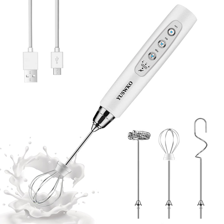 YUSWKO Milchaufschäumer Stab für Kaffee, Usb Wiederaufladbarer Aufschäumer, 3 Schneebesen-Köpfe 3 Ge