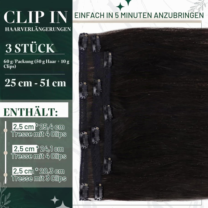 RUNATURE Clip in Extensions Echthaar Schwarz Glatt 40cm Echthaar Extensions Clip Naturliches Schwarz