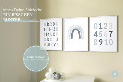 Papierschmiede® Kinderbilder 3er Set Lernposter, A3 gerahmt in Holzrahmen (weiss), Geschenk für Jung