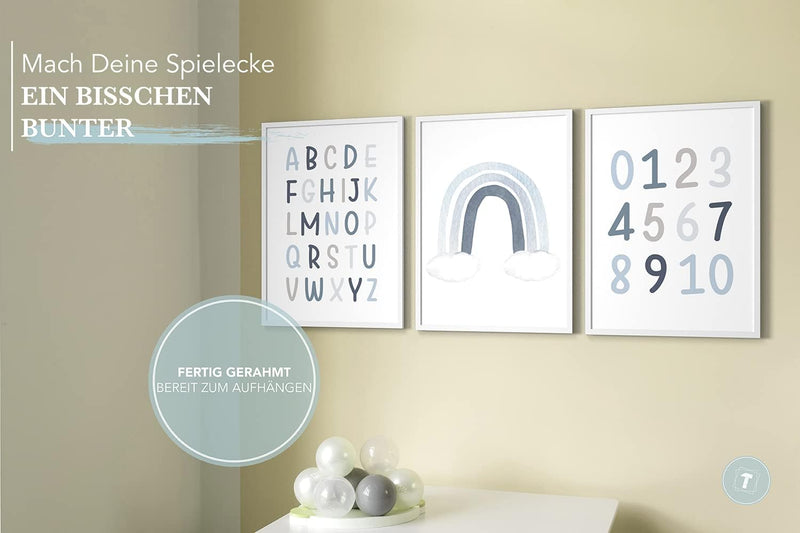 Papierschmiede® Kinderbilder 3er Set Lernposter, A3 gerahmt in Holzrahmen (weiss), Geschenk für Jung