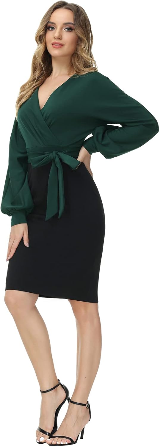 GRACE KARIN Damen Arbeit Bodycon Bleistiftkleid Langarm Hochzeit Gast Büro Kleider V-Ausschnitt Part