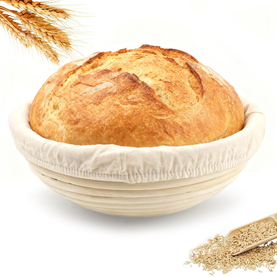 GEEKHOM Gärkörbchen Rund 23cm aus Natürlichem Rattan - Gärkorb Brot mit Waschbarem Bäckerleinen für