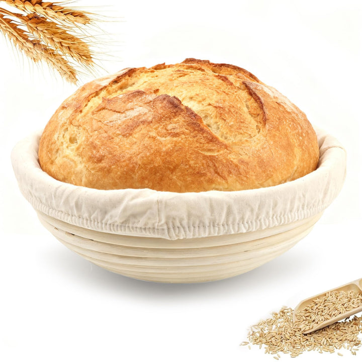 GEEKHOM Gärkörbchen Rund 23cm aus Natürlichem Rattan - Gärkorb Brot mit Waschbarem Bäckerleinen für