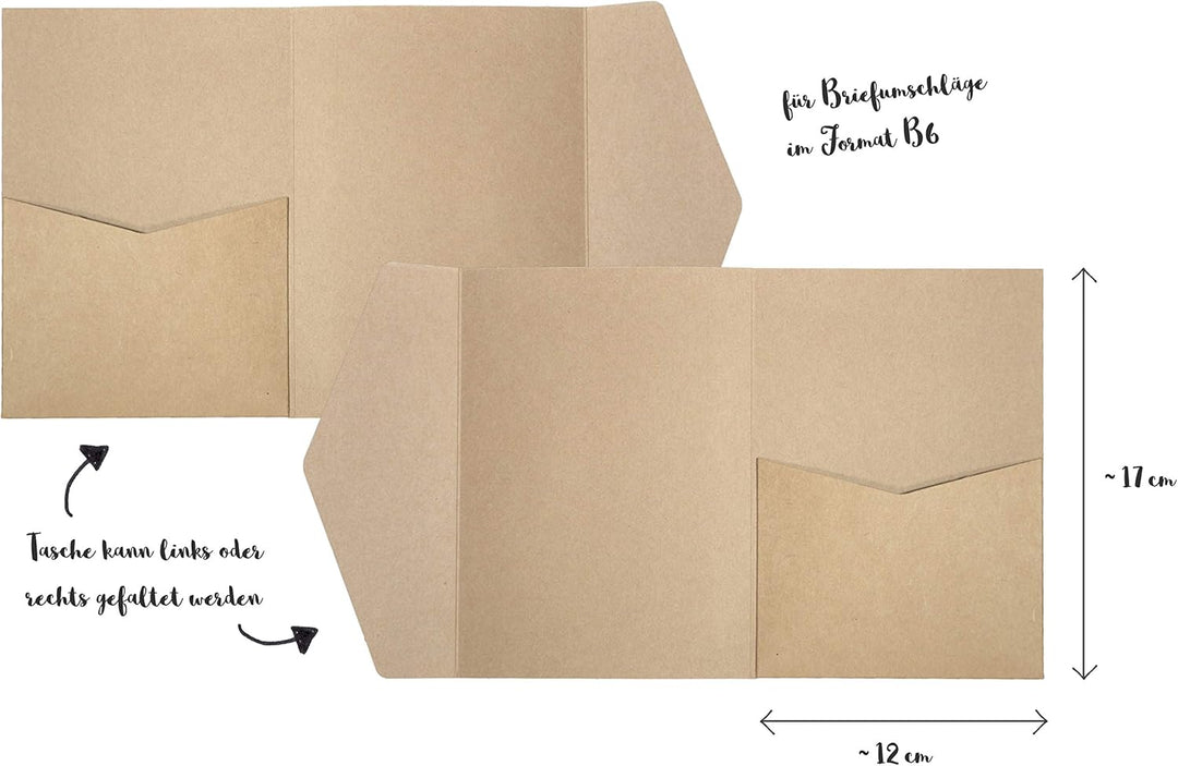 Hochzeit DIY Pocketfold Einladungskarten blanko mit Umschlägen - 20 Stück, Grösse B6 - Kraftpapier K