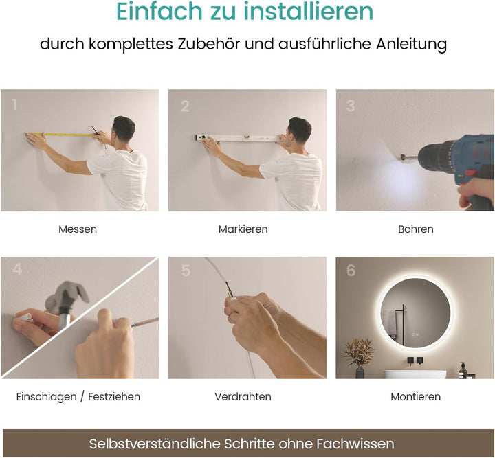 EMKE Badspiegel mit Beleuchtung Rund 50cm, Badezimmerspiegel mit dimmbarer Beleuchtung, 3 Lichtfarbe