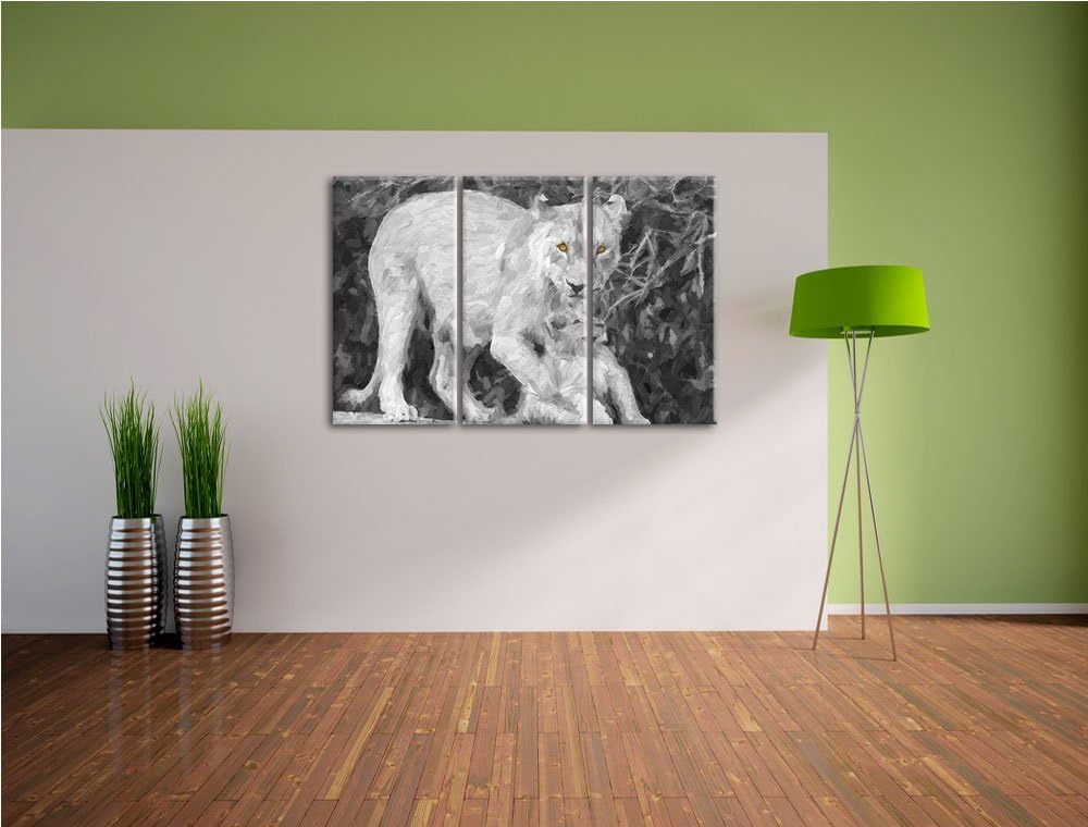 liebevolle Löwin spielt mit Jungtier schwarz/weiss Deluxe 3-Teiler Leinwandbild 120x80 Bild auf Lein