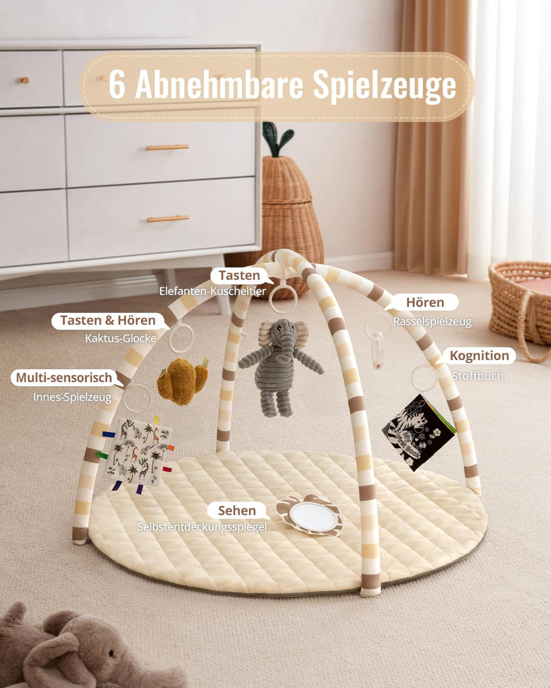 Blissful Diary Spielbogen Baby, Spieldecke Baby Gym Activity Decke mit 6 Abnehmbare Spielzeuge, krab