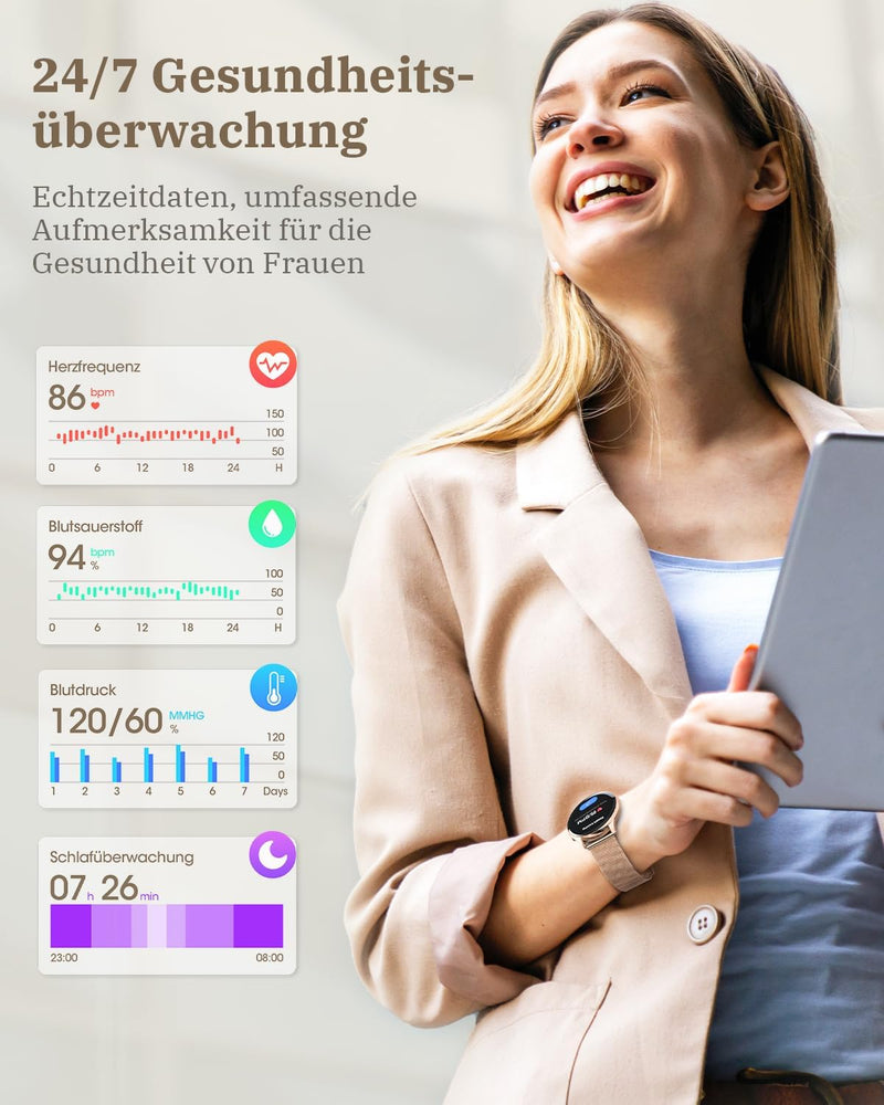 RUXINGX Smartwatch Damen mit Telefonfunktion, HD Voll Touchscreen, Fitness Tracker mit 120 Sportmodi