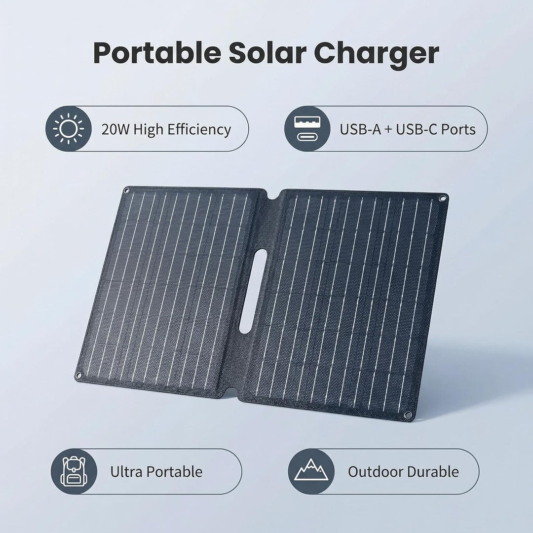 Tragbares Solar-Ladegerät, 20W Solarpanel Faltbar mit 2 Ports (USB-C+USB-A), IP44 Wasserdichtes Trag