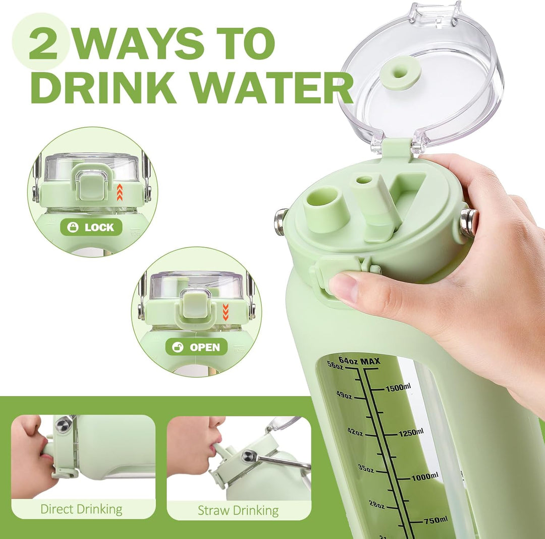 BLUEGO 2000ml Glaswasserflasche mit Edelstahlgriff und Zeitmarkierung 2L Trinkflasche Borosilikatgla