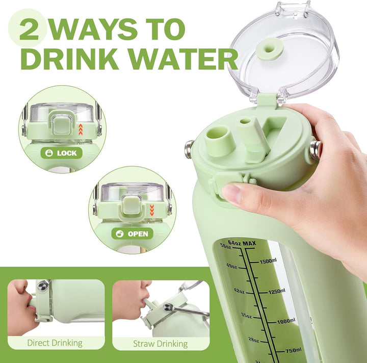 BLUEGO 2000ml Glaswasserflasche mit Edelstahlgriff und Zeitmarkierung 2L Trinkflasche Borosilikatgla