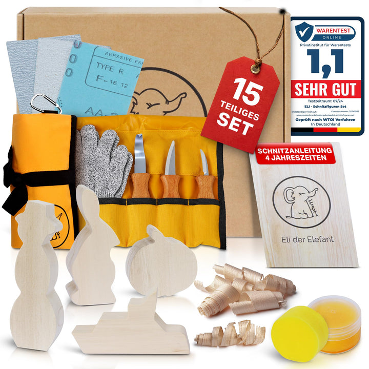 Eli® Schnitzmesser Kinder Set ab 6 Jahre inkl. Schnitzfiguren und Handschuhe - hochwertiges Kinderme