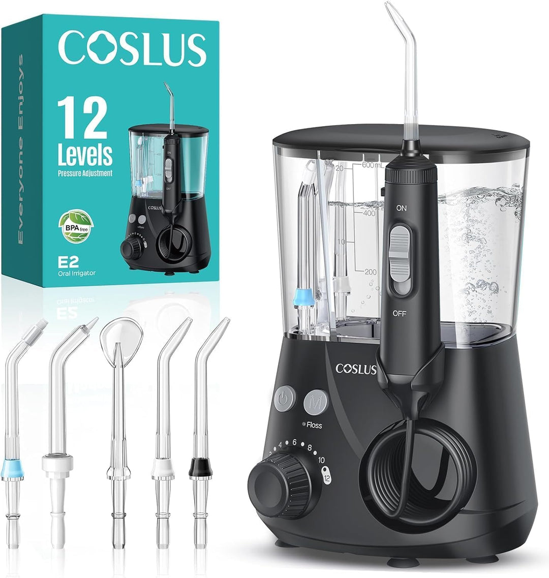 COSLUS E2 Munddusche Elektrisch Professional Zähne: 2 Modi & 12 Druckstufen –600ml Wassertank Zahndu