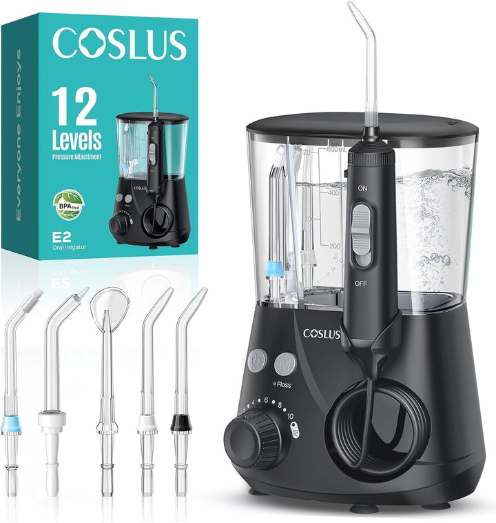 COSLUS E2 Munddusche Elektrisch Professional Zähne: 2 Modi & 12 Druckstufen –600ml Wassertank Zahndu