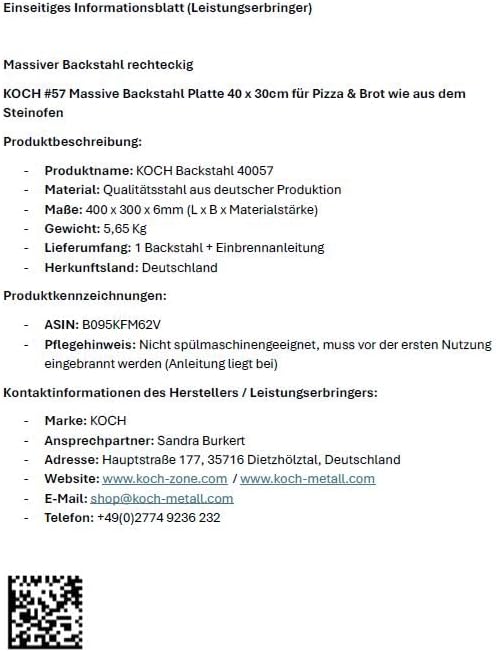 KOCH #57 Backstahl 400x300mm für perfekte Pizza & Brot - Massive Stärke 6mm - 5,65 KG I Pizzablech f