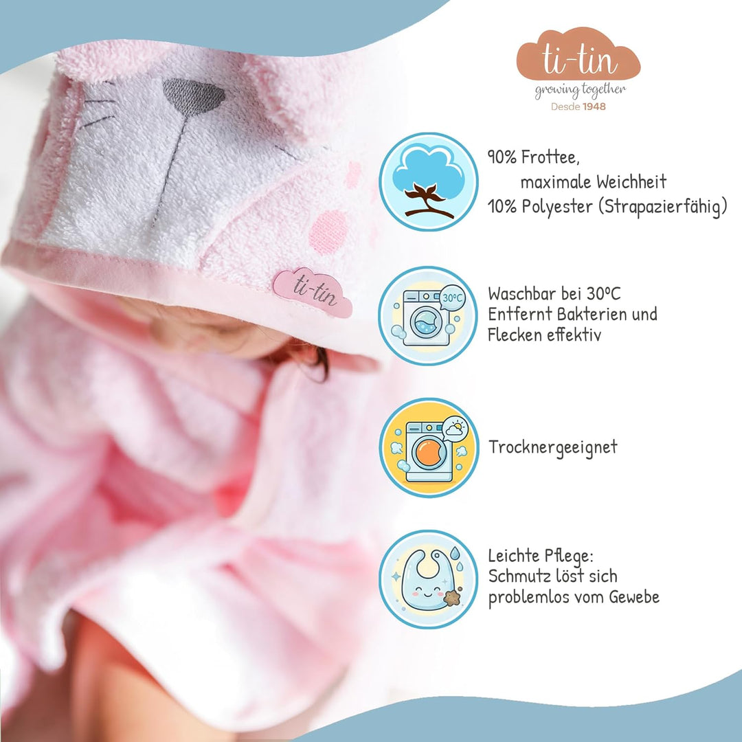 Ti TIN Kinder‑Bademantel mit Kapuze und Hasenohren – 100% Baumwolle, weich & saugfähi, Grösse 6–12 M