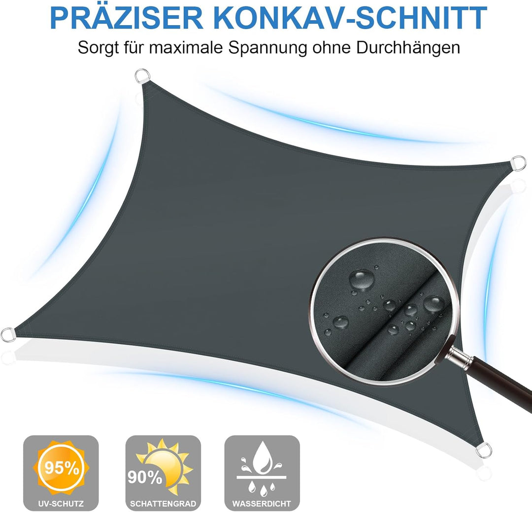 2x4m Sonnensegel Rechteckig Wasserdicht Sonnenschutz, Anthrazit | 95% UV Schutz, Regenschutz, Sunseg