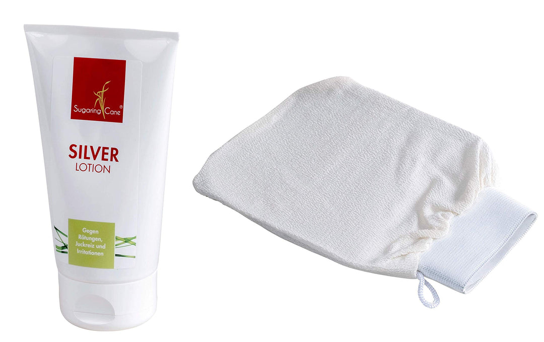 Hautpflege-Set 2,“Liebe deine Haut 2“ Silber-Lotion und Peeling-Handschuh hochwertiges Pflege-Set zu