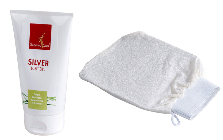 Hautpflege-Set 2,“Liebe deine Haut 2“ Silber-Lotion und Peeling-Handschuh hochwertiges Pflege-Set zu
