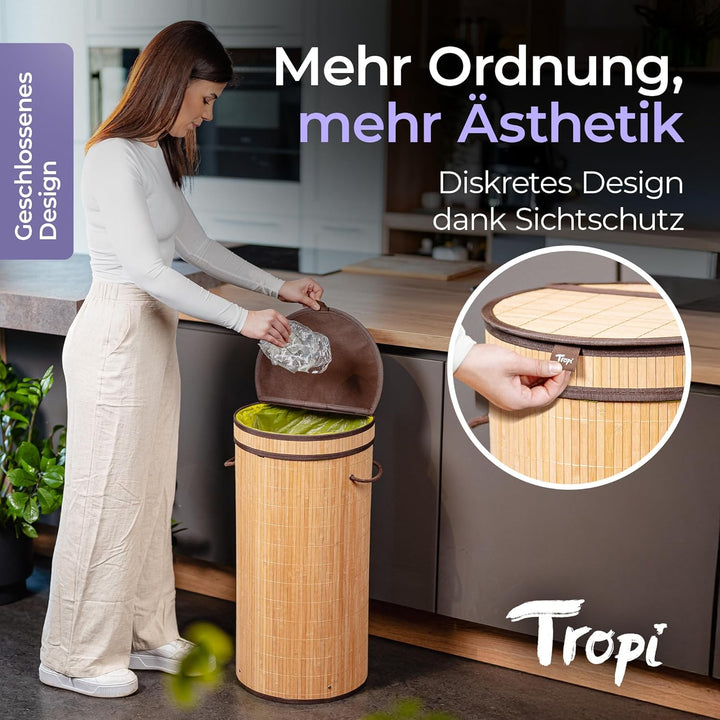 Tropi® Bambus Müllsackständer für Gelbe Säcke – 80L Gelber Sack Ständer mit Deckel & Sichtschutz – E
