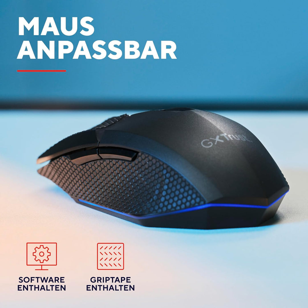 GXTrust 122 Felox+ Kabellose Gaming Maus Bluetooth + 2.4GHz mit Grip Pads, 12K DPI, 40 Stunden Akkul